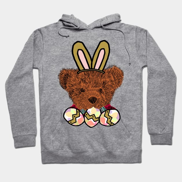 Happy Easter Bunny Ears on Teddy Bear Eating Easter Eggs Hoodie by ellenhenryart